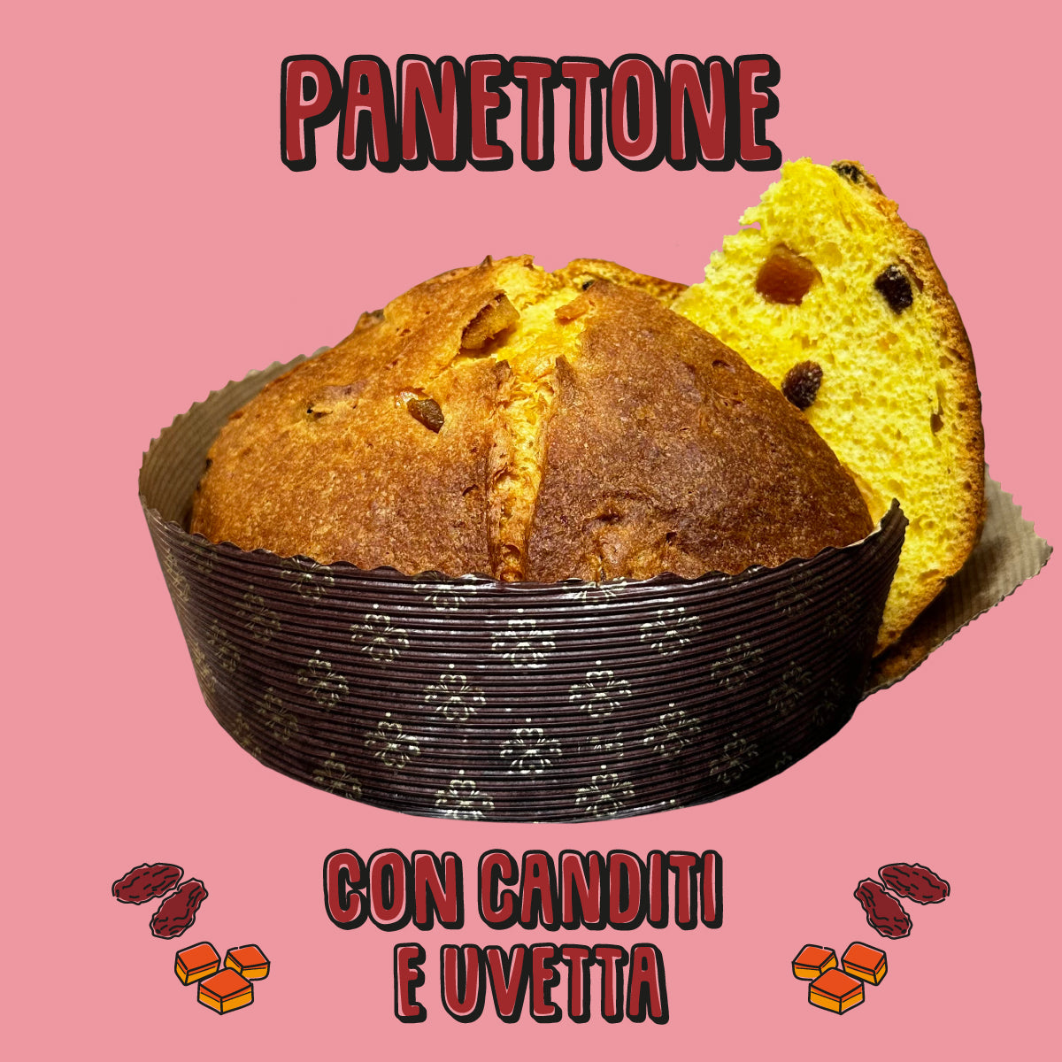 Panettone senza glutine con uvetta e canditi, dolce artigianale senza lattosio, perfetto per le festività natalizie.